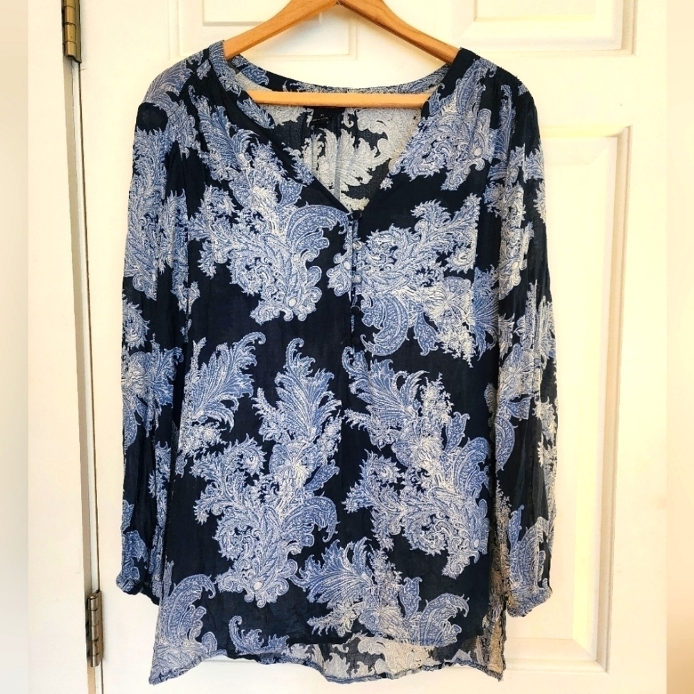 Lucky brand boho blue scroll flowy blouse size xl